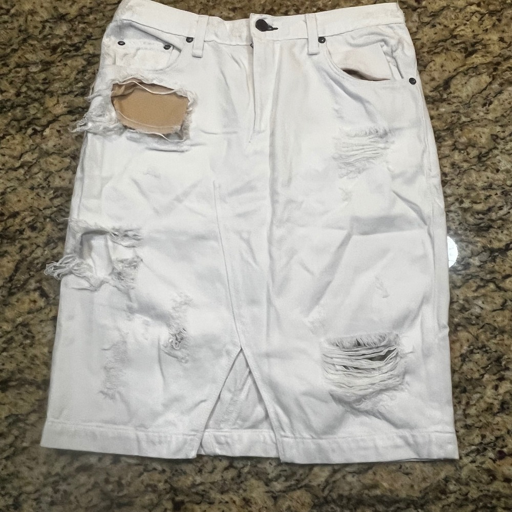 Rag & Bone JEAN Distressed White Denim Midi Skirt 28 Ripped Front Slit Pencil